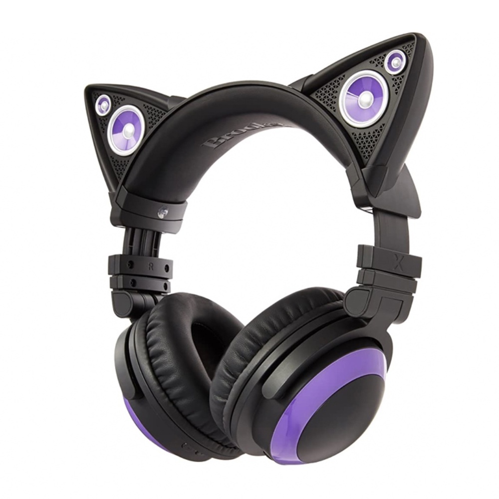 Brookstone Wired Cat Ear Headphones with Speakers, Case and Cables - Purple